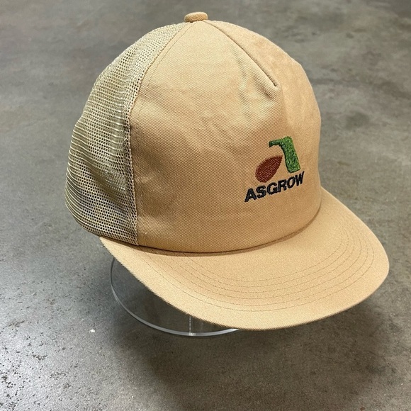 Vintage Asgrow Seed Farming Snapback Mesh Trucker Hat Tan K Brand Made In USA - Picture 1 of 6